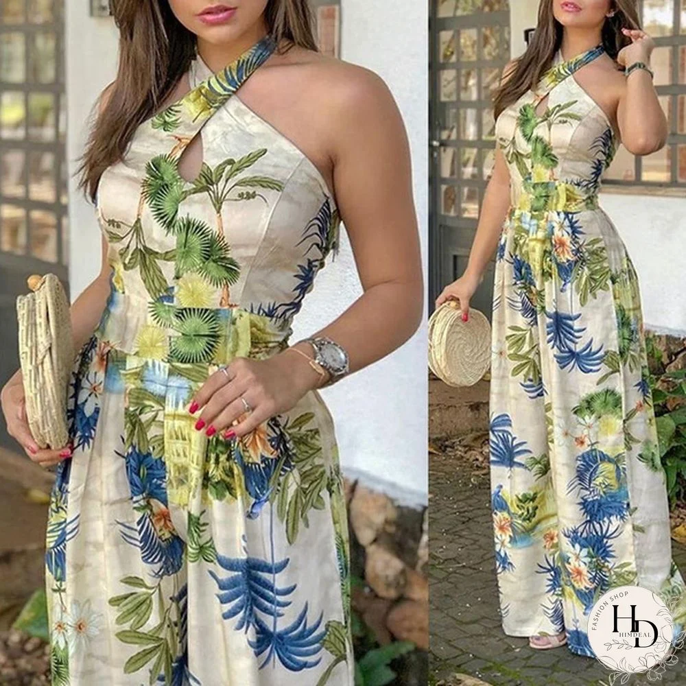 Summer Women Floral Print Cross Halter Wide Leg Jumpsuit