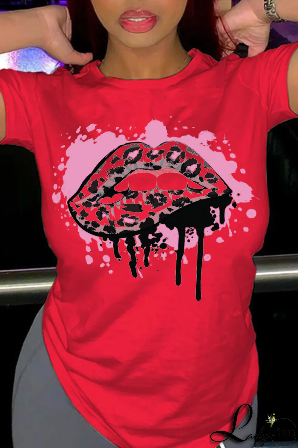 Black Fashion Street Lips Printed Split Joint O Neck T-Shirts