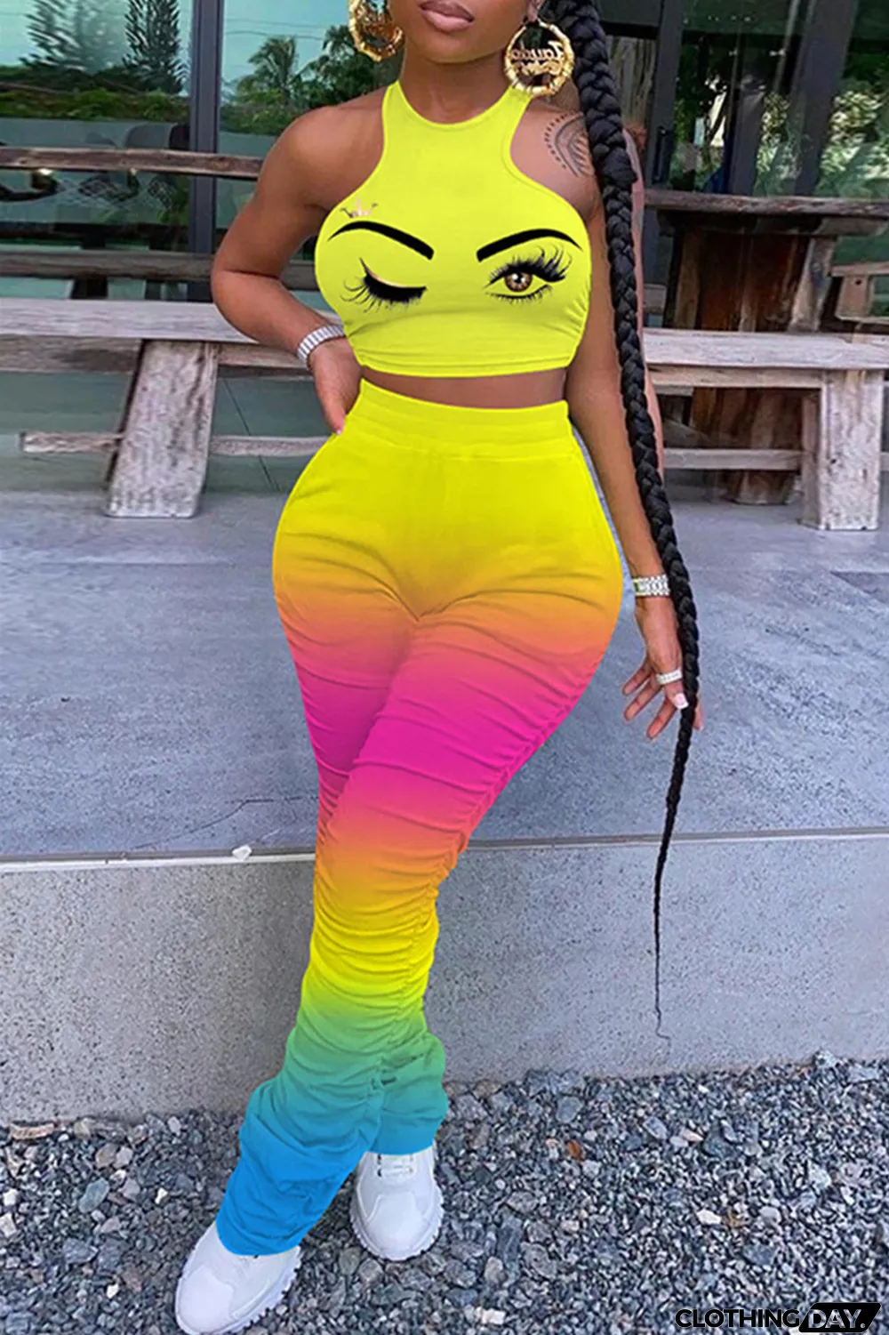 Green Fashion Casual Gradual Change Print Fold O Neck Sleeveless Two Pieces