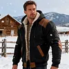 Men's Vintage Black Contrast Leather Warm Fleece Hooded Jacket by Inlyline