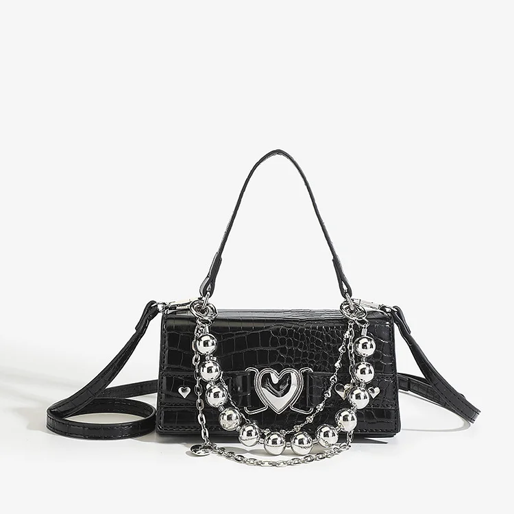 Heart-Shaped Decor Magnetic Buckle Crocodile Pattern PU Leather Bag-Black