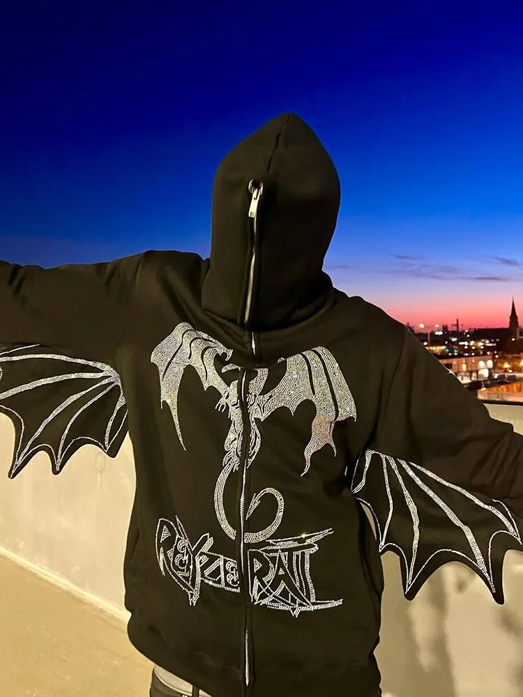 Fire Dragon Rhinestone Pattern Men's Full Zip Up Hoodie at Hiphopee