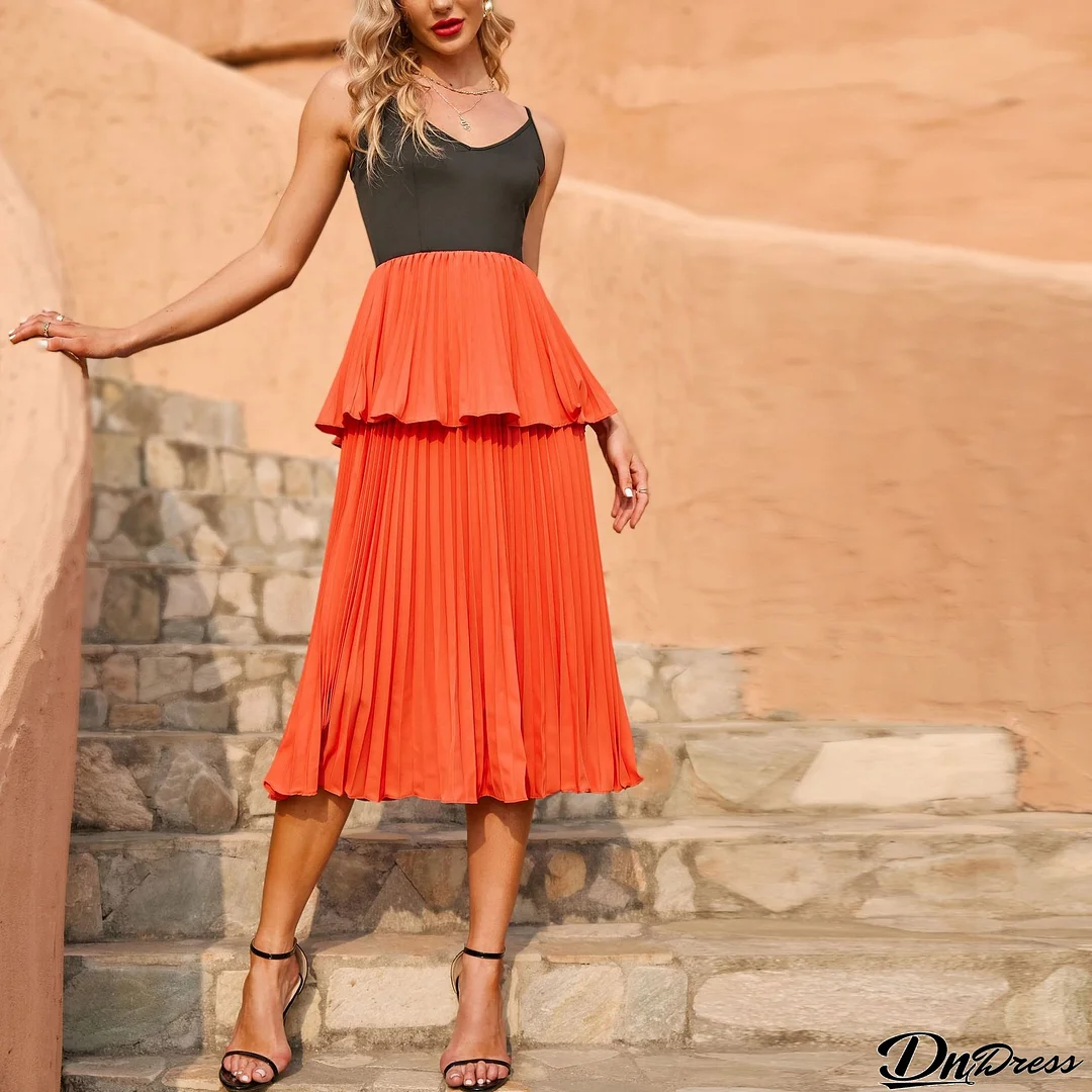 Women sexy sleeveless suspender pleated skirt