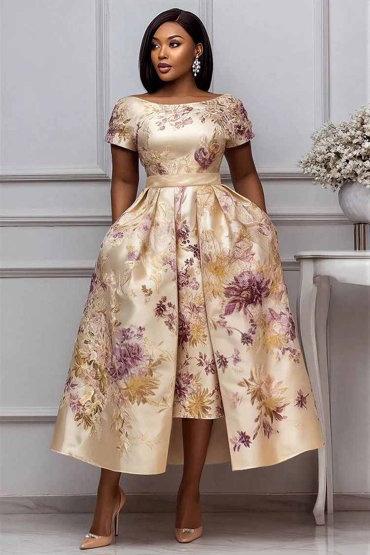 Xpluswear Design Plus Size Wedding Guest Elegant Champagne Floral Short Sleeve Pocket Satin Midi Dresses [Pre-Order] 2024 - Xpluswear