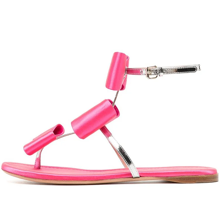 Hot Pink Classy Open Toe Thong Sandals Bow Decor T-Strap Flats |FSJ Shoes