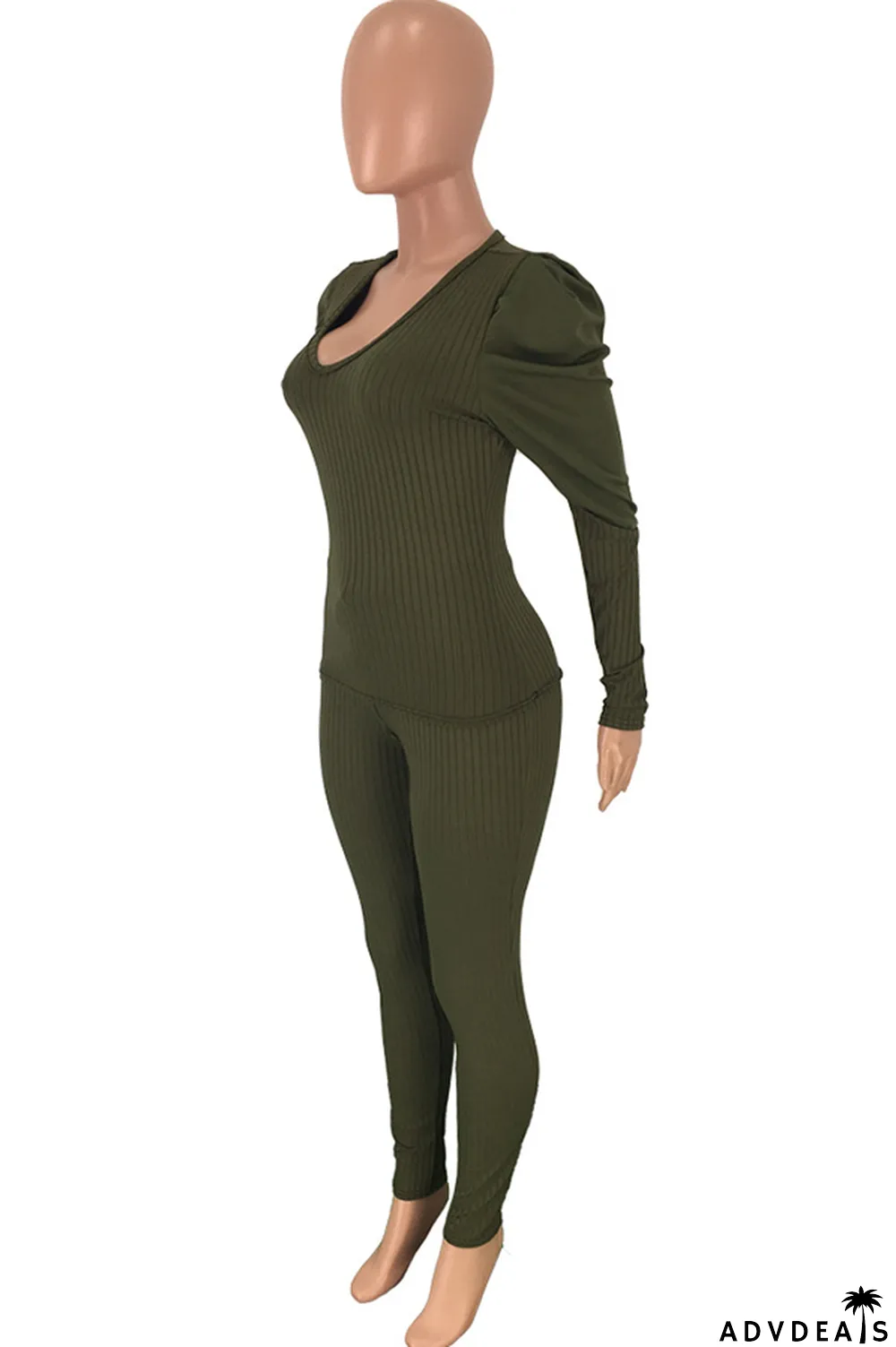 Army Green Polyester Casual Solid Patchwork Two Piece Suits pencil Long Sleeve Two-piece Pants Set