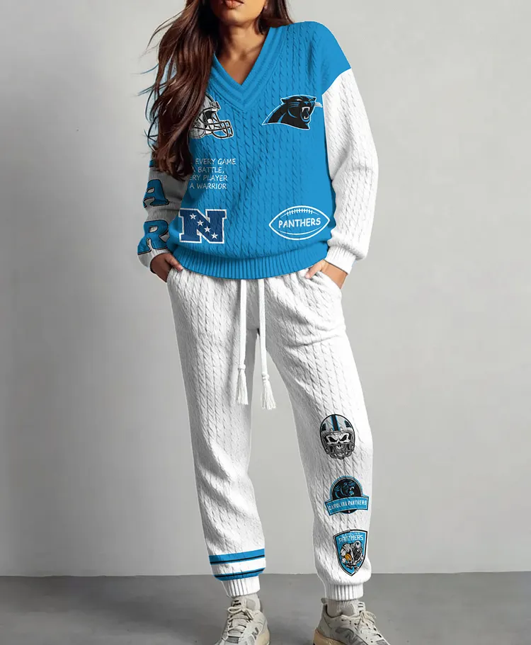 Carolina Panthers  Classic All-Season Long Sleeve V-Neck Pullover Sweater & Pants Set