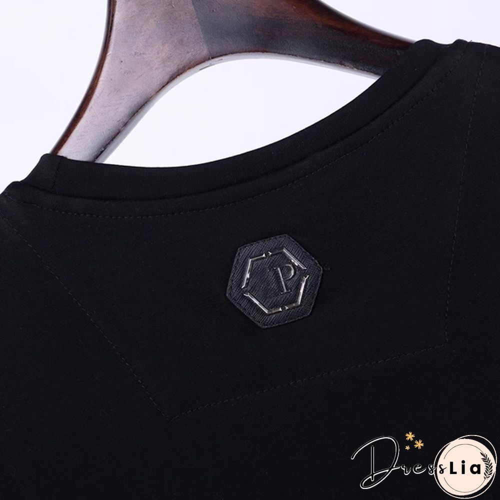 Philipp Plein Men Cotton Round Neck T-Shirt Casual PP Rhinestone Bear Top