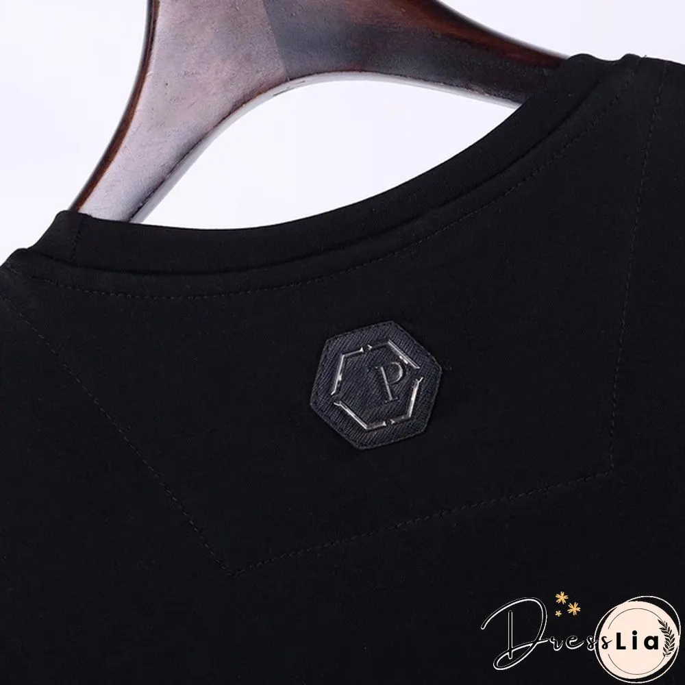 Philipp Plein Men Cotton Round Neck T-Shirt Casual PP Rhinestone Bear Top