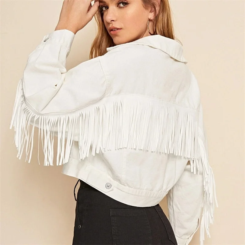 New Autumn Women Fashion Long Sleeve Casual Ladies Outerwear Chaqueta Mujer Stylish Fringe Beaded Loose Denim Jacket Coat