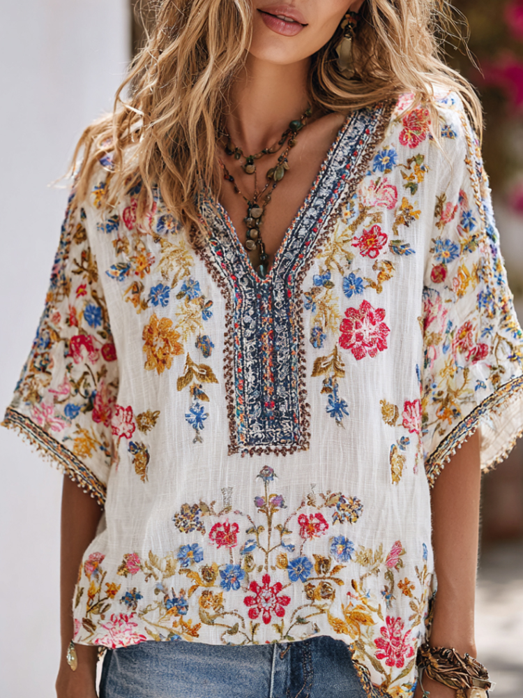 Japanese-style Spring Colorful Floral Embroidered Cotton Linen Short Sleeve Top elevenforest