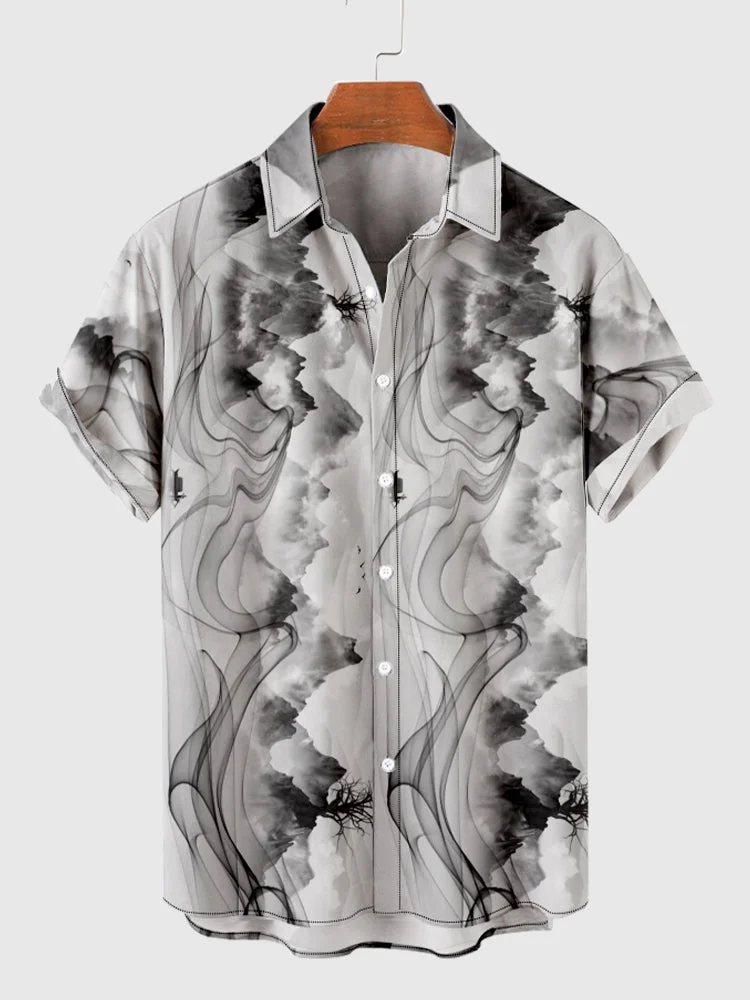 Panoramic Misty Ink Painting Chinese Printing Men's Short Sleeve Shirt