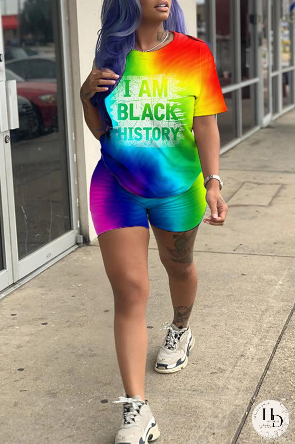 Multicolor Fashion Casual Gradual Change Letter Print Basic O Neck Short Sleeve Two Pieces