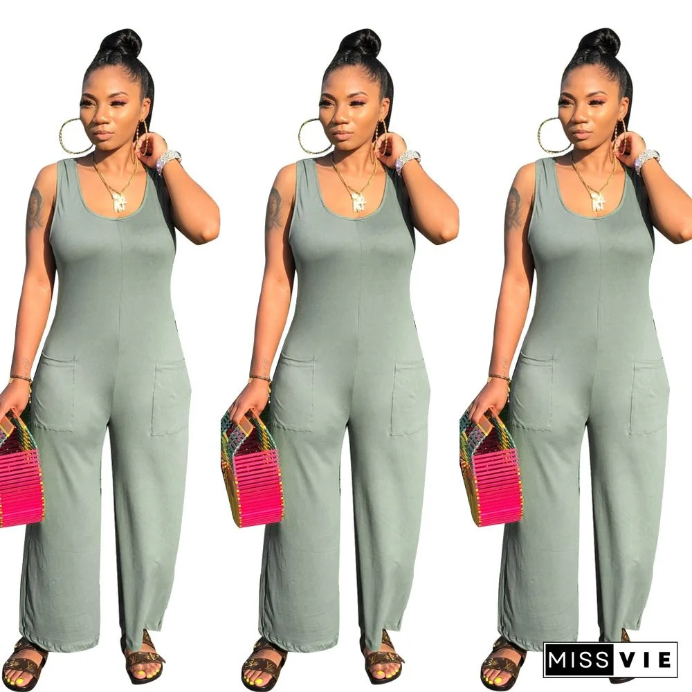Round Neck Sleeveless Wide Leg Nightclub Women Jumpsuits
