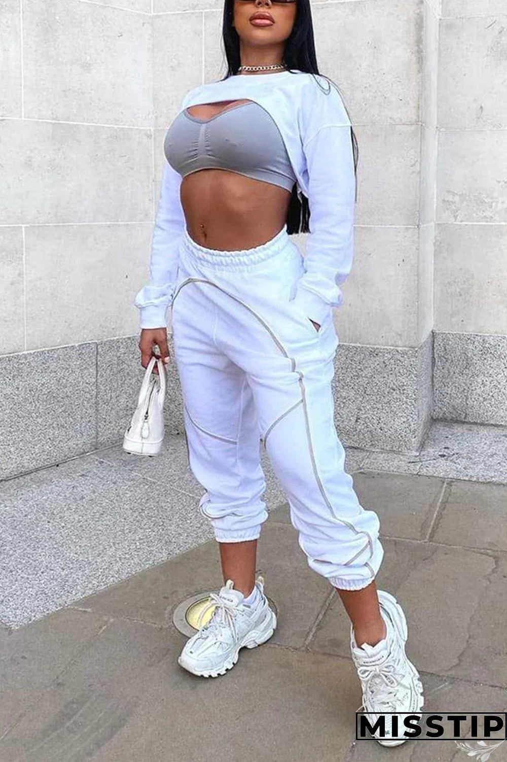 White Fashion Sexy Solid Hollowed Out Patchwork Backless O Neck Long Sleeve Two Pieces