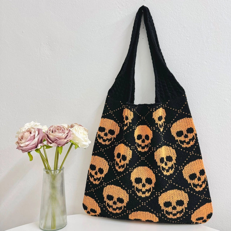 Halloween Women’s Large Polyester Skull Elegant Classic Style Knitting Oval Open Shoulder Bag