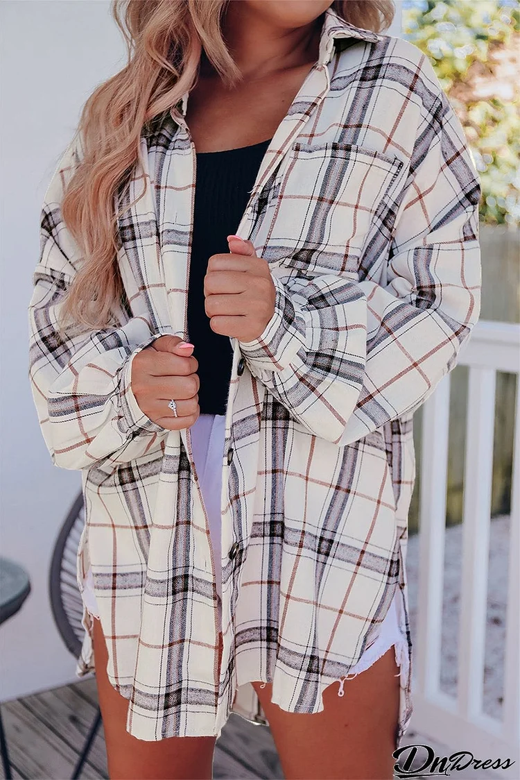 Oversized Plaid Pattern Shacket with Slits