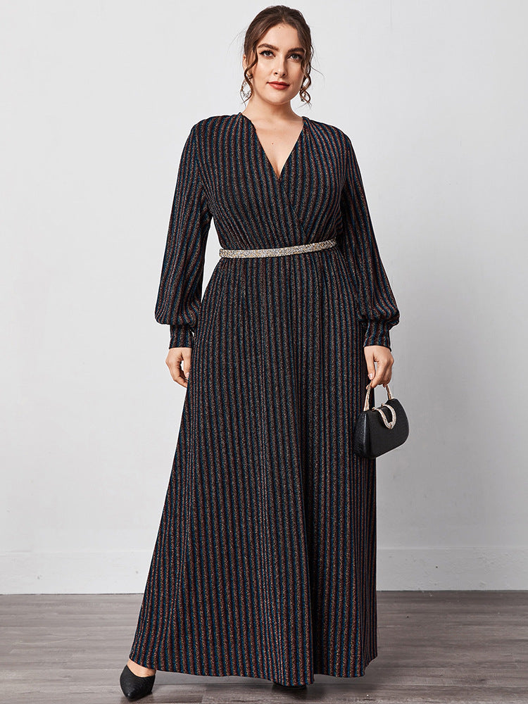 Stripe Pattern V Neck Long Sleeve Large Size Dress | Oxredo Shop Ramadan Sale