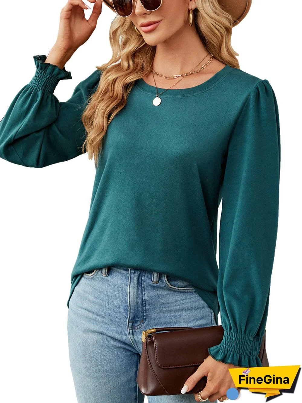 Women's Stitching Scoop Neck Long Sleeved Top