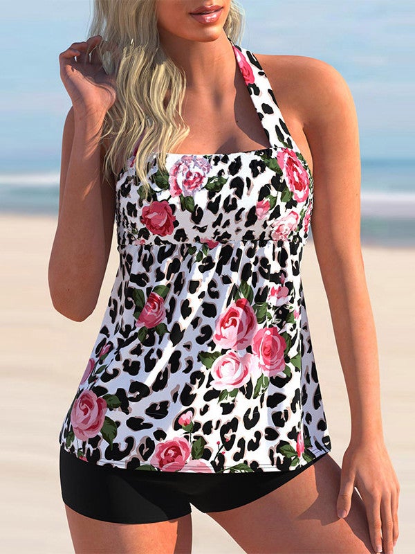 Plus Size Swimwear Sleeveless Floral Printed Polka Dot Tankini