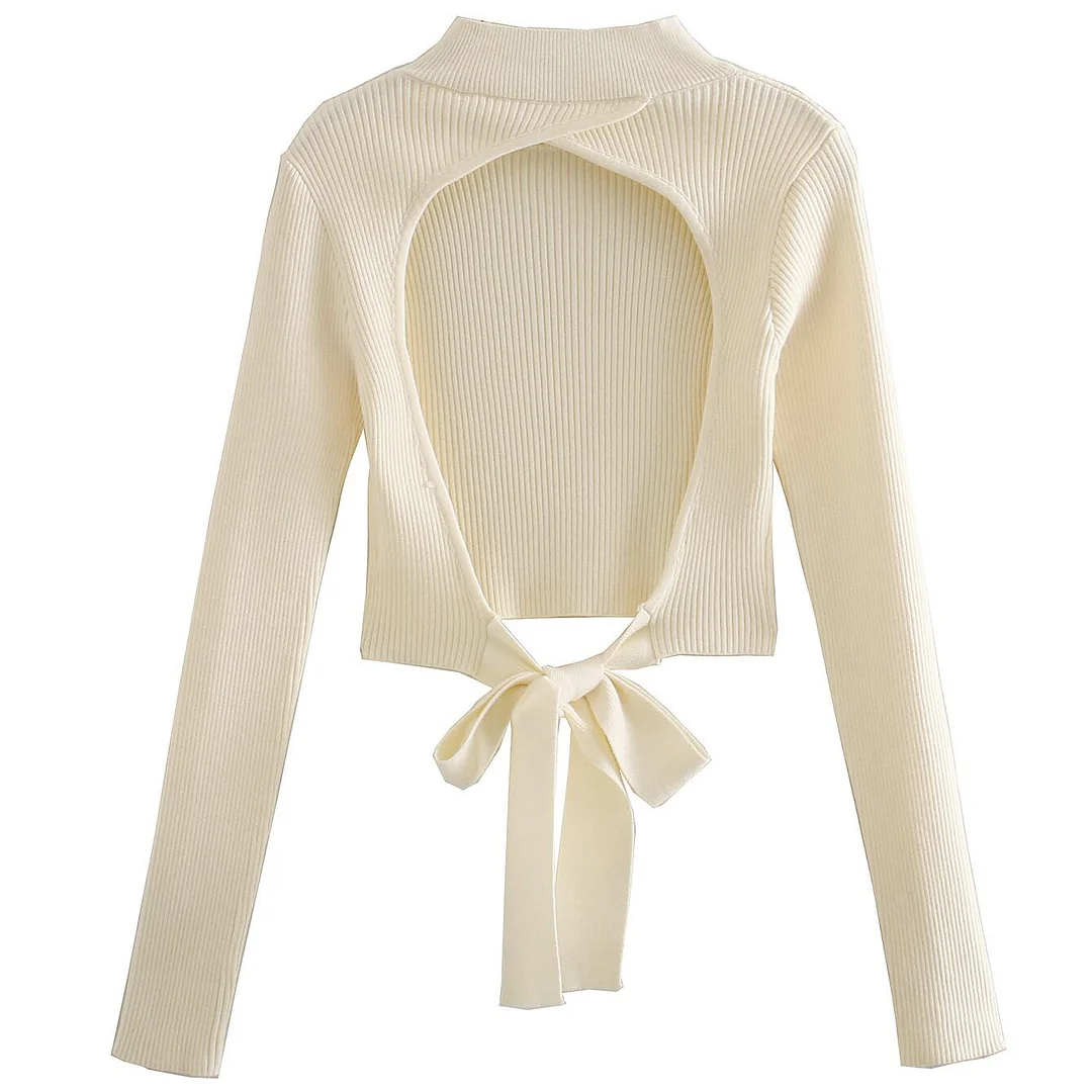 Snican Solid Turtleneck Backless Sweater Bandage Bow Knitted Pullover Sexy Hiver Blanc Za 2021 Women Spring Tops Sous Pull Femme