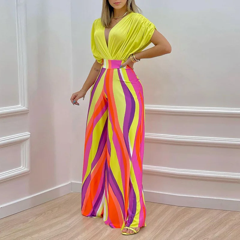 Brownm Brownm Women's Fall New Temperament V-Neck Print Wide-Leg Pants Fashion Casual Suit 661
