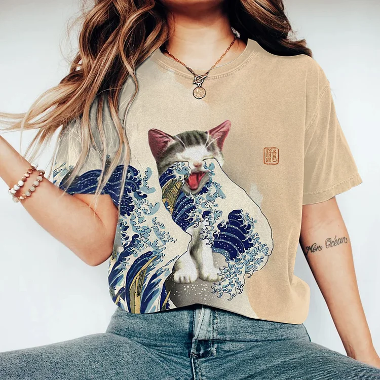 Japanese Art Casual Cat Crying Wave Print Crew Neck T-Shirt