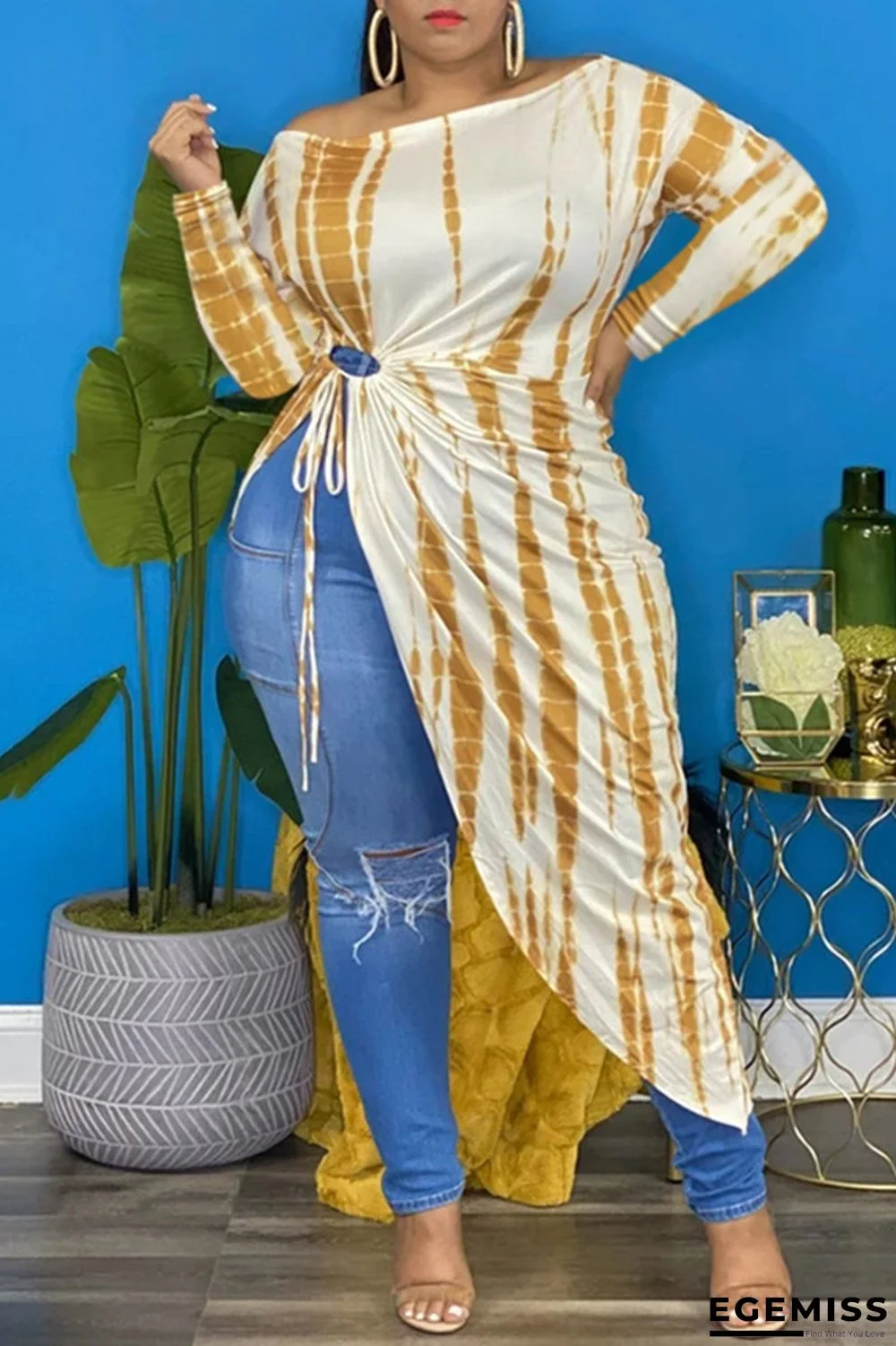 Yellow Fashion Print Bandage Asymmetrical Off the Shoulder Long Sleeve Plus Size Dresses | EGEMISS
