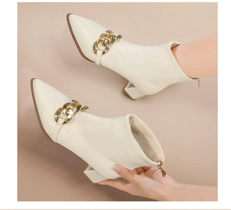 Qengg Fashion Chain Decoration Women Ankle Boots Square Low Heel Pointed Toe Pumps Shoes Slip on Chelsea Short Boot