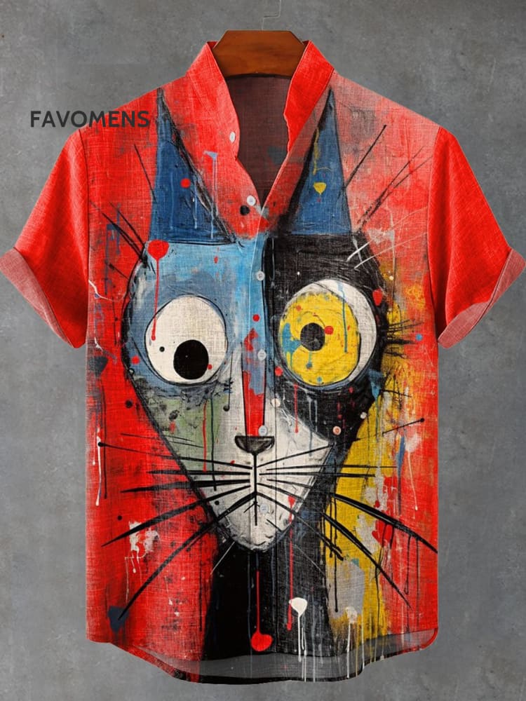 Abstract Funny Animals Cat Vintage Print Casual 100% Cotton Shirt Multicolor / S