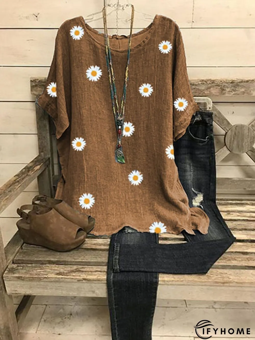 Gray Cotton-Blend Short Sleeve Floral Tops | IFYHOME