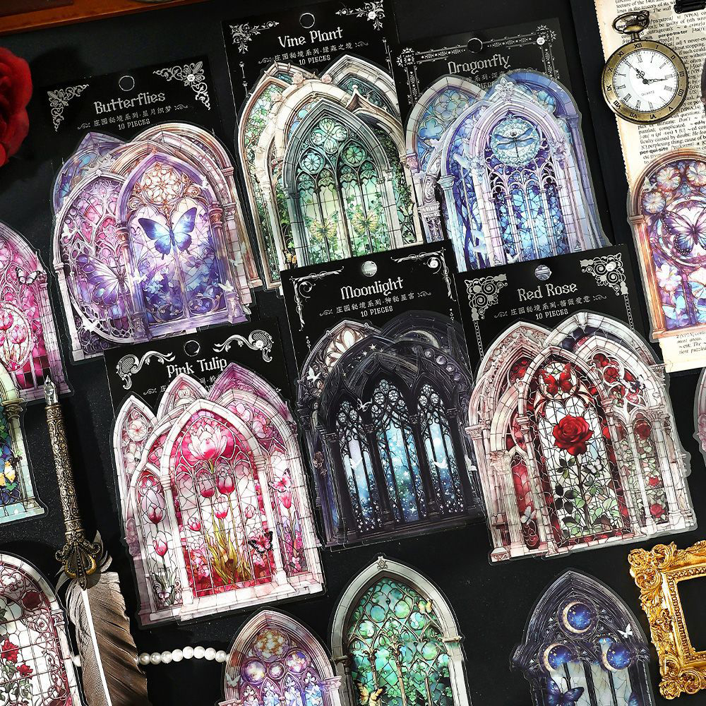 저널세이 매너 시크릿 시리즈 빈티지 꽃 나비 창문 조경 PET 스티커