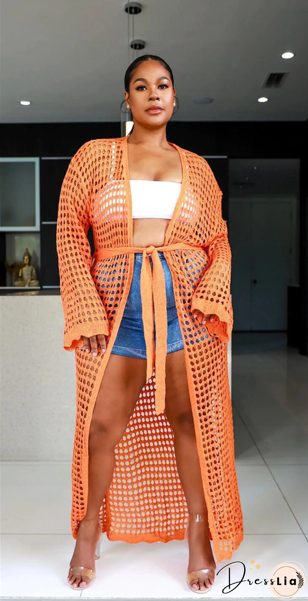Beachwear Long Sleeve Mesh Grid Cardigan Cover-ups