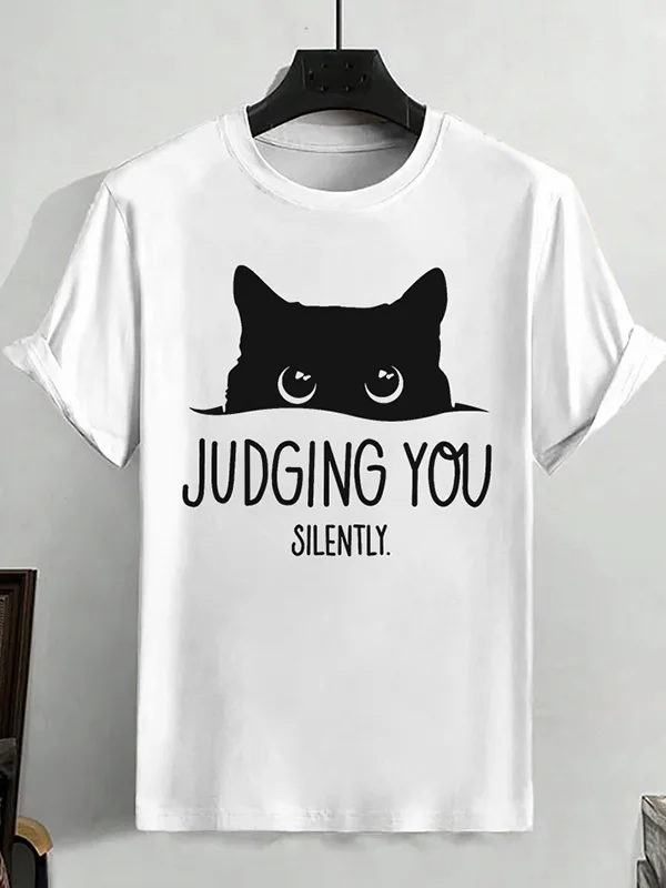 100% Cotton Men's Judging You Silently Black Cat Art Print Cotton Casual T-Shirt