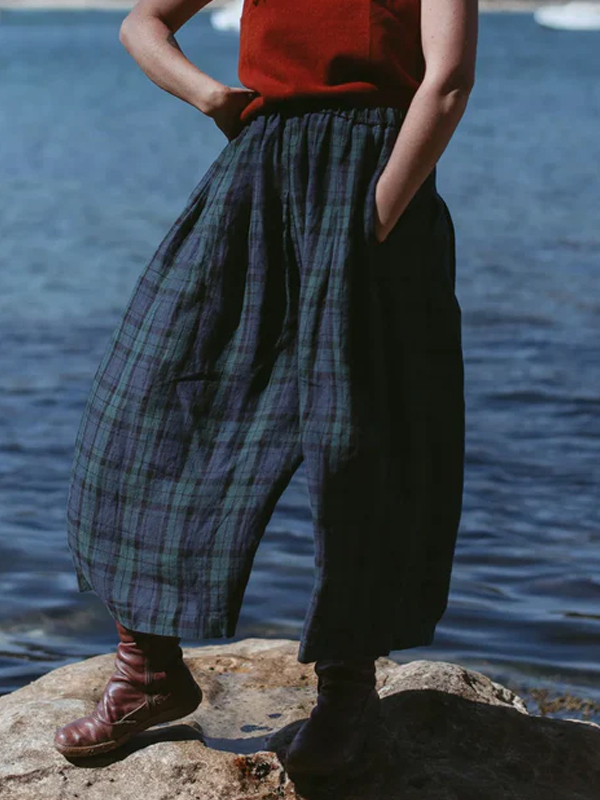 Checked Cotton And Linen Straight-leg Pants  hjn Shicloths