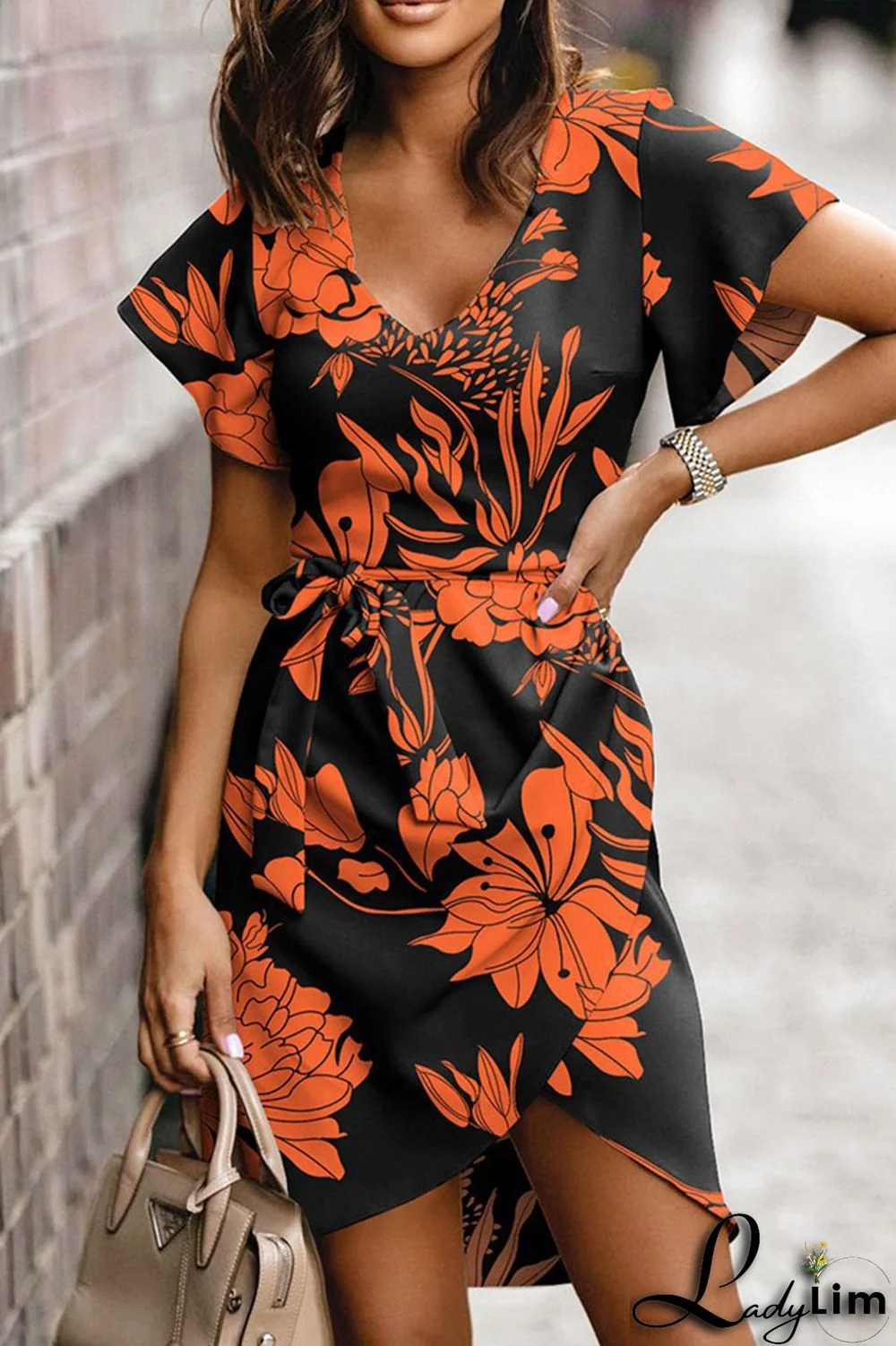 Green Casual Print Bandage Patchwork V Neck Irregular Dress Dresses