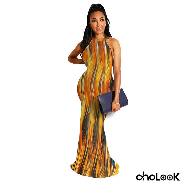 Women Sexy Plus Size Fashion Printed Defined Waist Maxi Dress