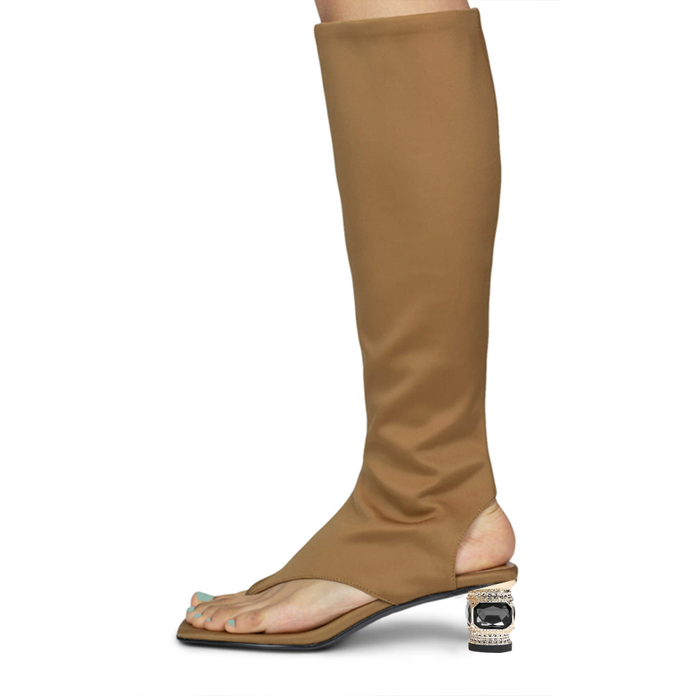 Beige Open Toe Decorative Heel Knee High Sandal Boots Nicepairs