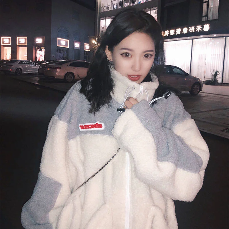 2019 Autumn Winter Korean Preppy Style Women Coat Embroidery Imitation Lambswool Female Jacket