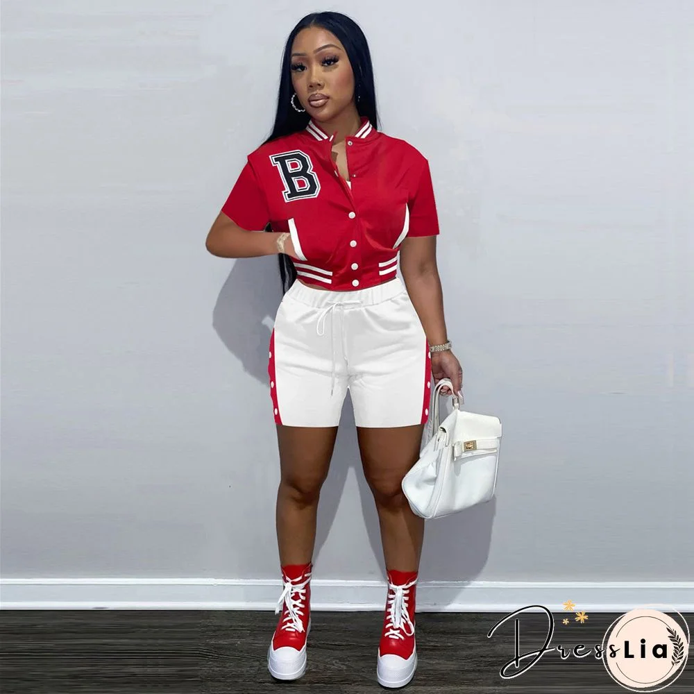Short Sleeve Button Baseball Jacket and Shorts Set