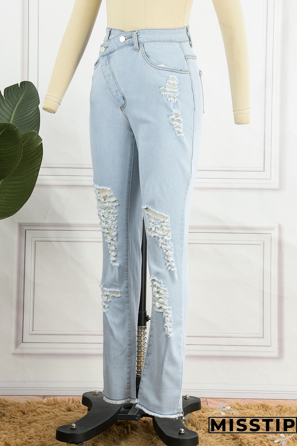 Blue Casual Solid Ripped Patchwork High Waist Regular Denim Jeans