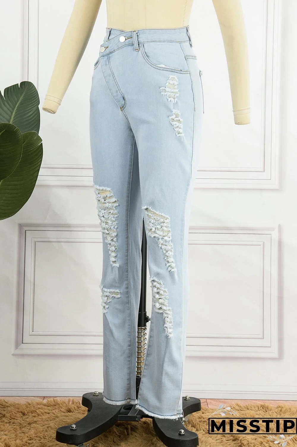 Blue Casual Solid Ripped Patchwork High Waist Regular Denim Jeans