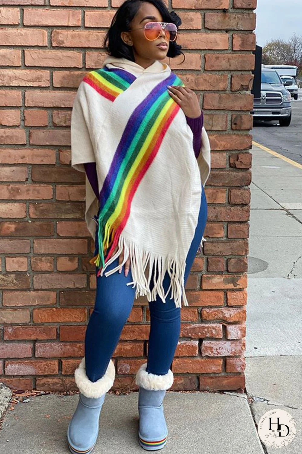 White Scarf Collar Rainbow Patchwork tassel Cotton Others Long Sleeve