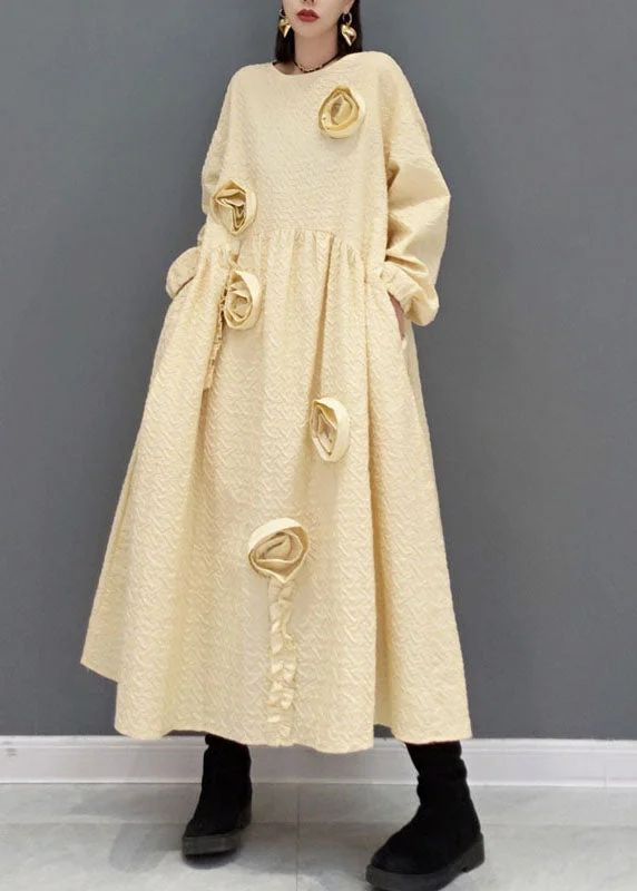 Natural Khaki O-Neck Cinched Floral Robe Dresses