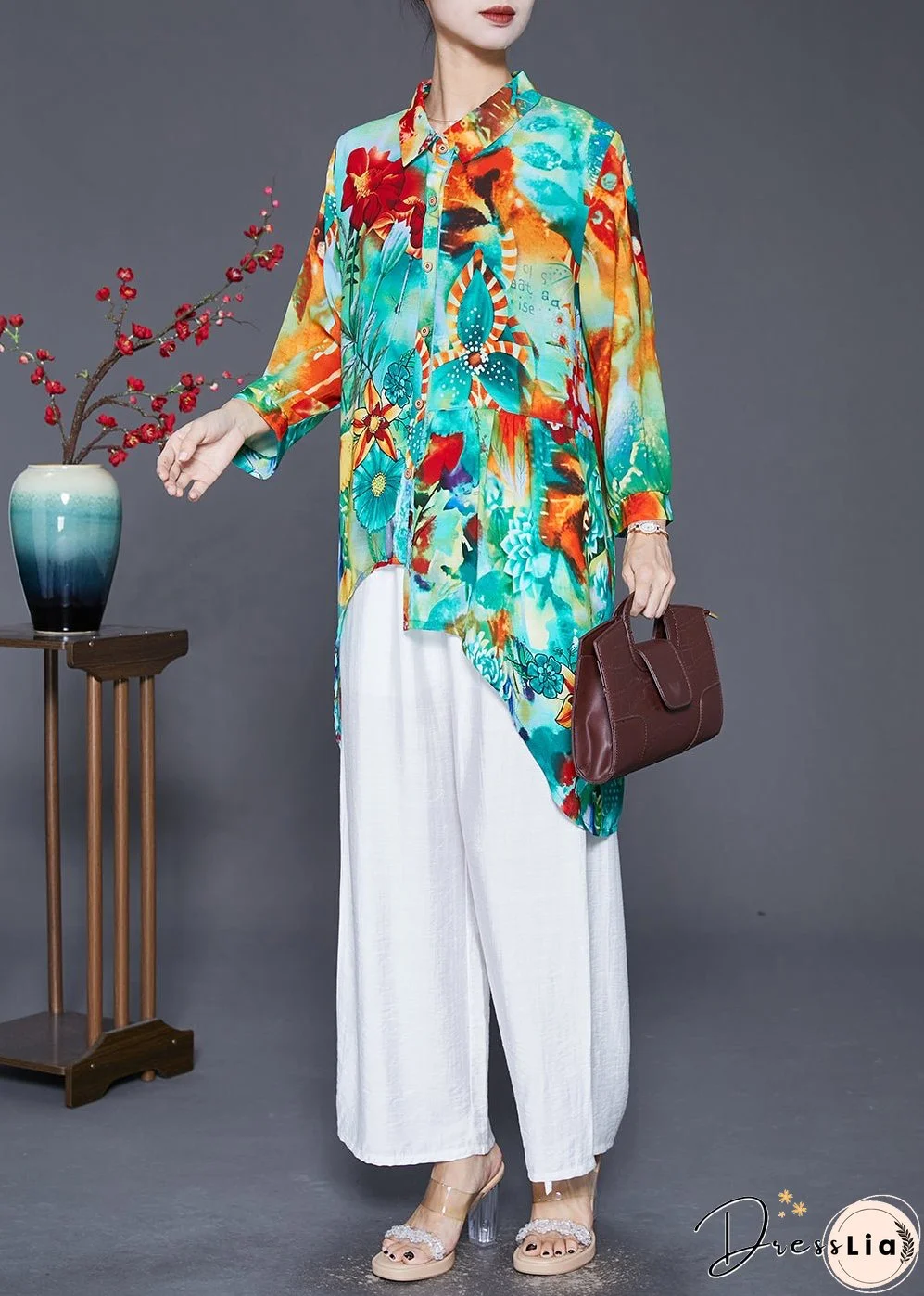 Women Green Asymmetrical Print Cotton Shirt Top Fall