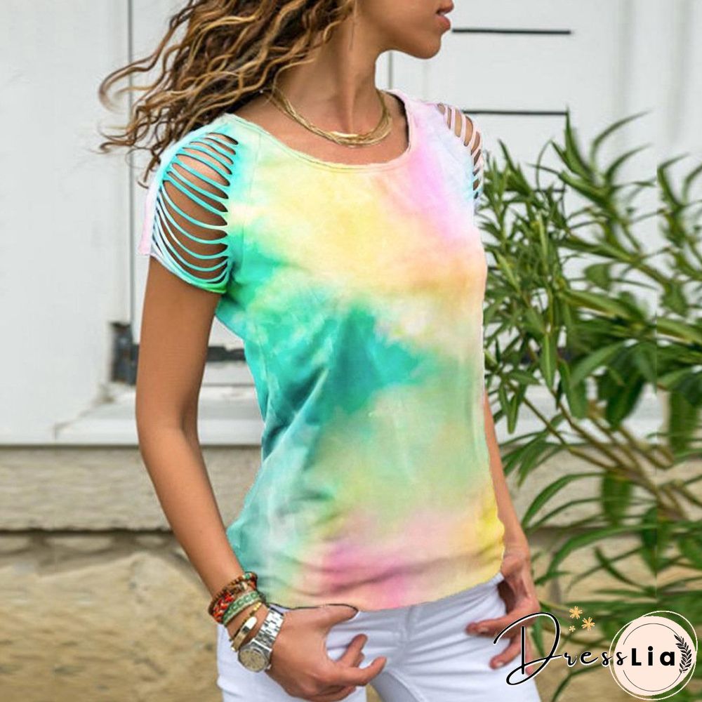 Women's Tie-dye, Hole-burning, Strapless Short-sleeved T-shirt