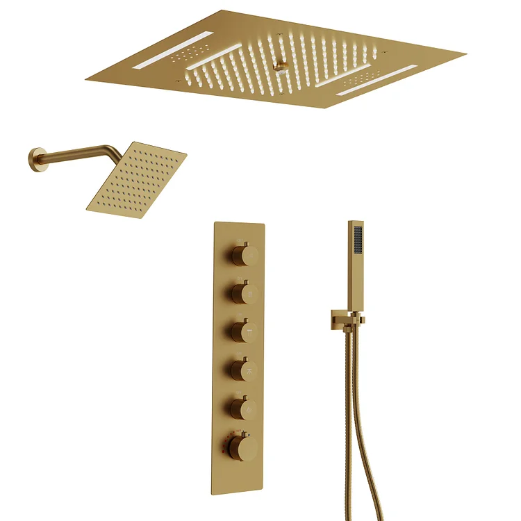 SFS-1051-GD Shower System with LED, Bluetooth Music & 8" Overhead Spray, Ceiling-Mounted, Brushed Gold 