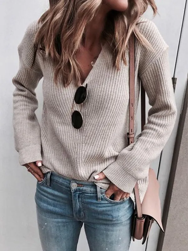 Women's Floral V-Neck Long Sleeve Tops Knit Sweater