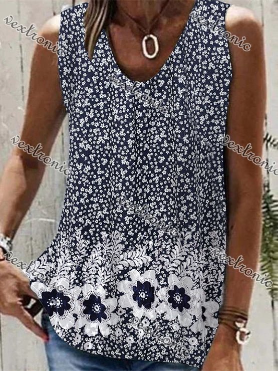 Women Sleeveless V-neck Floral Printed Graphic Top
