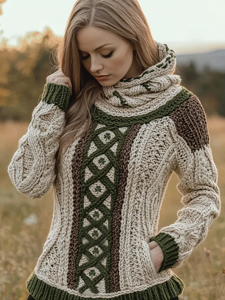 Women's Irish Celtic Knotted Jacquard Pocket Ireland's Hooded Sweater